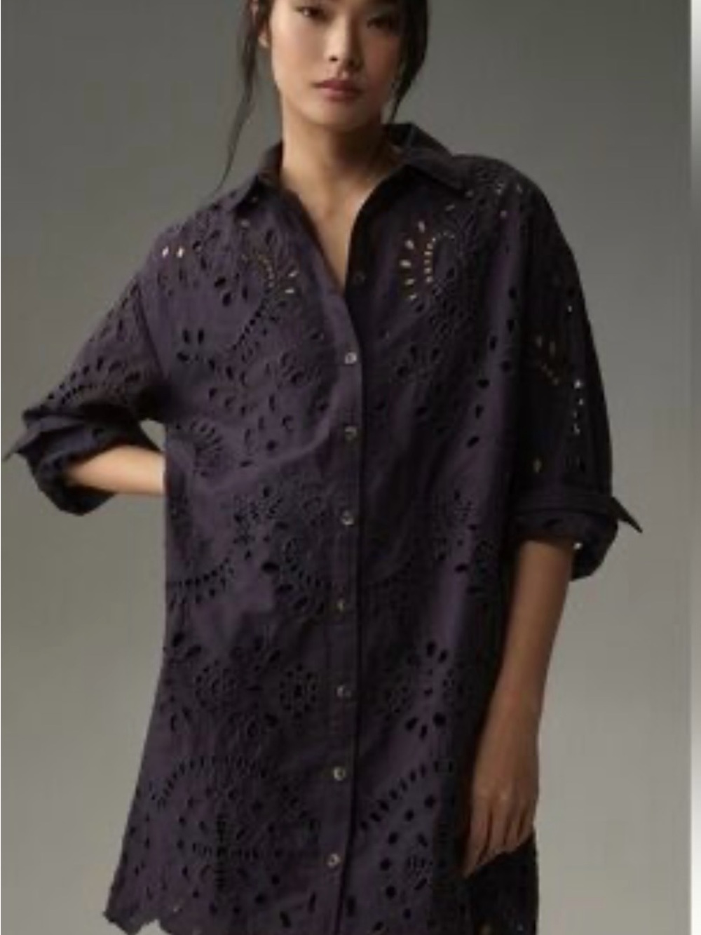 Anthropologie Eyelet button down Shirt Dress Navy with slip.